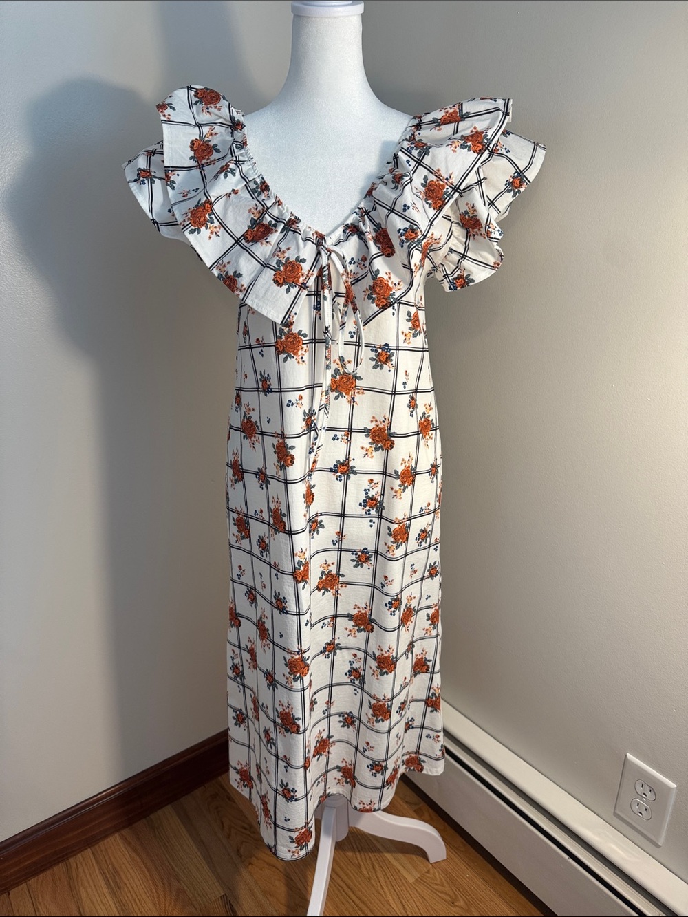 NWT ZARA White Midi Dress with Orange Flowers and Ruffle V-Neck
